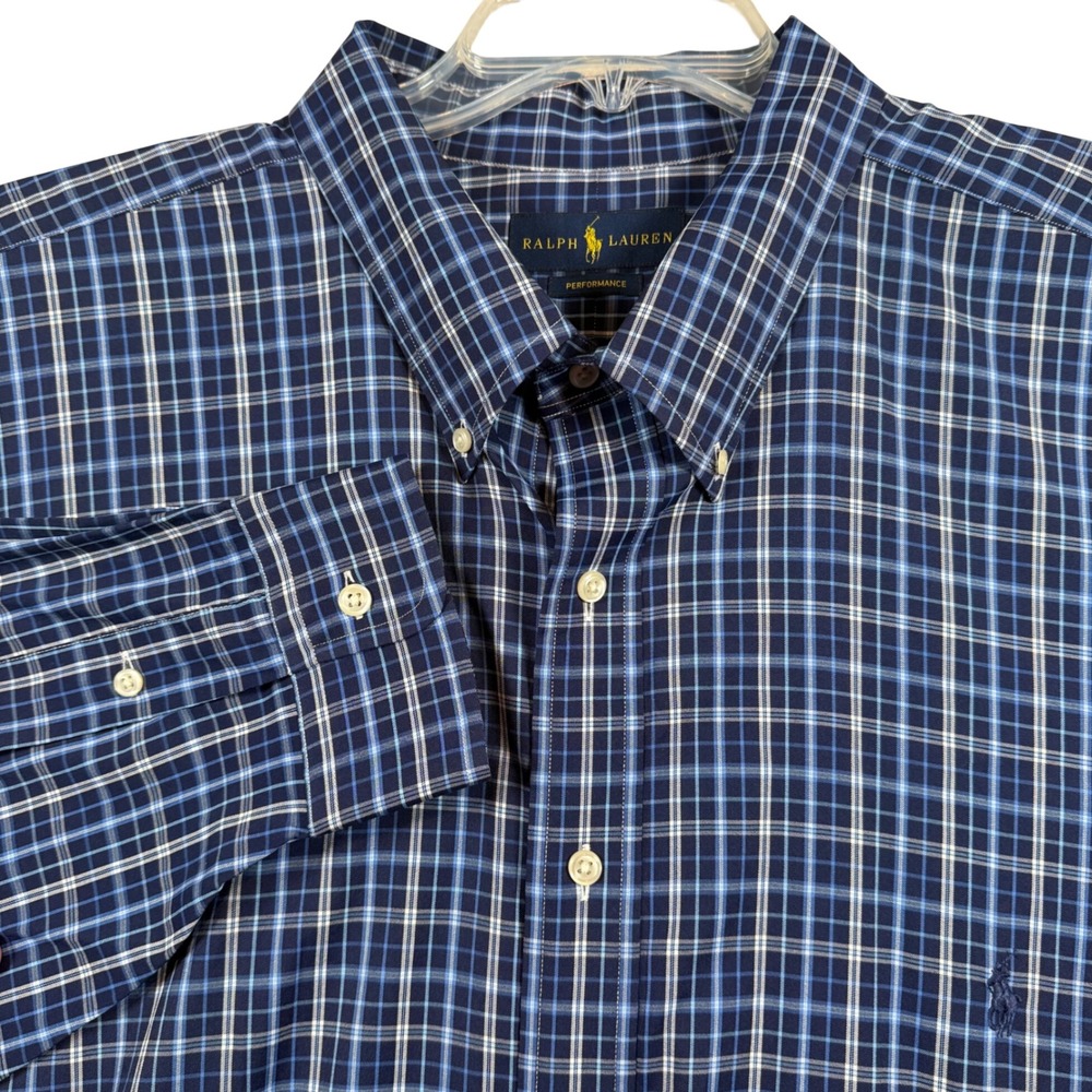 Ralph Lauren Performance Shirt Mens 3XB Blue Plaid Stretch Nylon Button Down